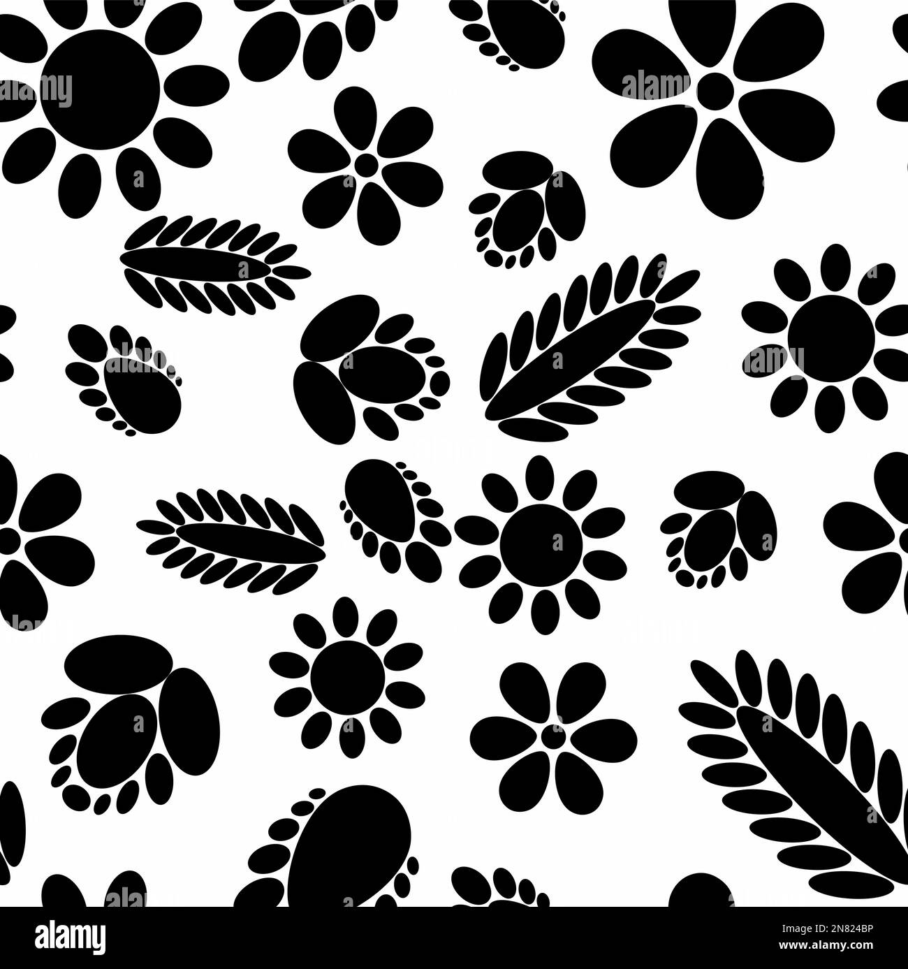 Motivi fiori neri. Motivo floreale senza cuciture con fiori e foglie diversi. Stampa tessile, campioni di tessuto, carta da imballaggio. Illustrazione Vettoriale