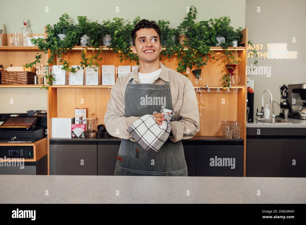 Cameriere sorridente in grembiule strofinando le mani con un asciugamano mentre si è in piedi al bancone. Barista maschile in grembiule con un asciugamano. Foto Stock