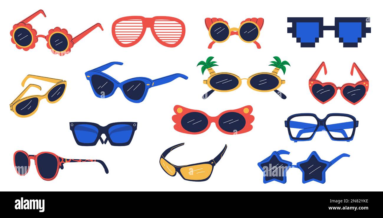 Occhiali da festa. Divertenti occhiali da sole hippy groovy psichedelico stile retrò, cartoon moda geometrica eyewear icone diverse cornici e forme. Vettore Illustrazione Vettoriale