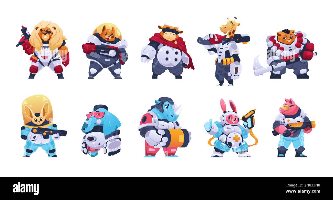 Animali guerrieri. Cartoon divertente gioco fantasy supereroe personaggi in armatura con arma, simpatici colorati bambini creature piatte coraggiosi combattenti. Vettore Illustrazione Vettoriale Animali guerrieri. Cartoon divertente gioco fantasy supereroe personaggi in armatura con arma, simpatici colorati bambini creature piatte coraggiosi combattenti. Vettore Illustrazione Vettoriale