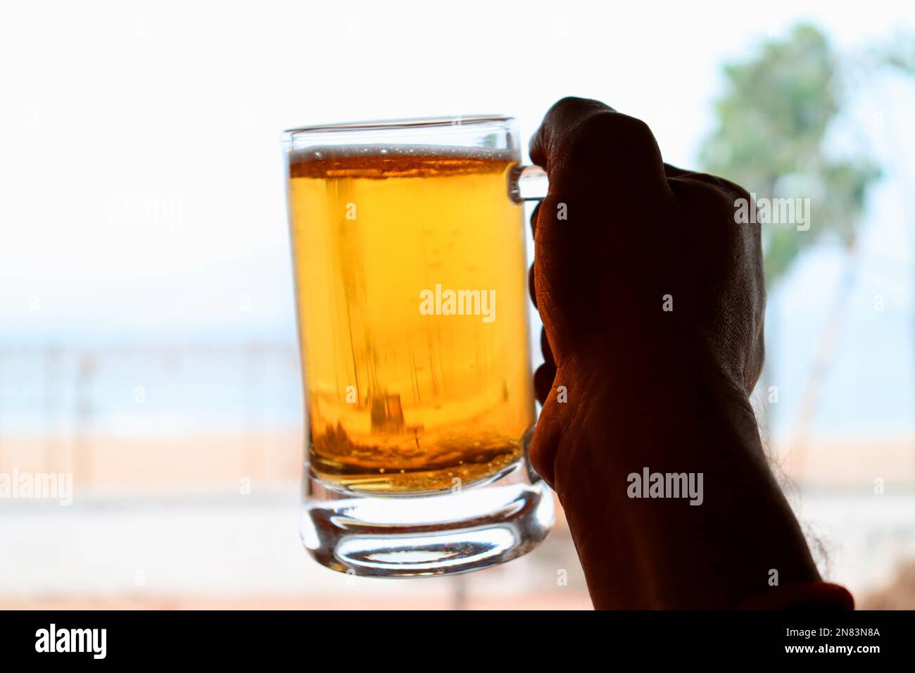 Una tazza di birra che tiene la mano vicino a una spiaggia di mare, godere di una vacanza di fine settimana, foto closeup di una tazza di birra Foto Stock