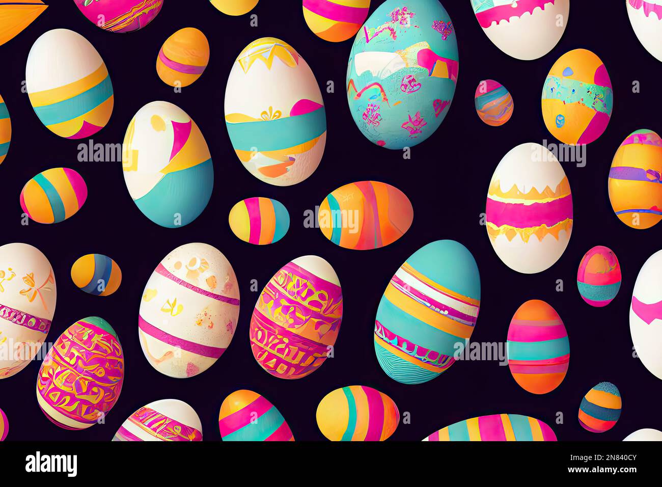 Una cartolina artistica mostra una collezione di uova di Pasqua in una vibrante gamma di colori, disposti in uno stile piatto su uno sfondo nero audace. Il Foto Stock