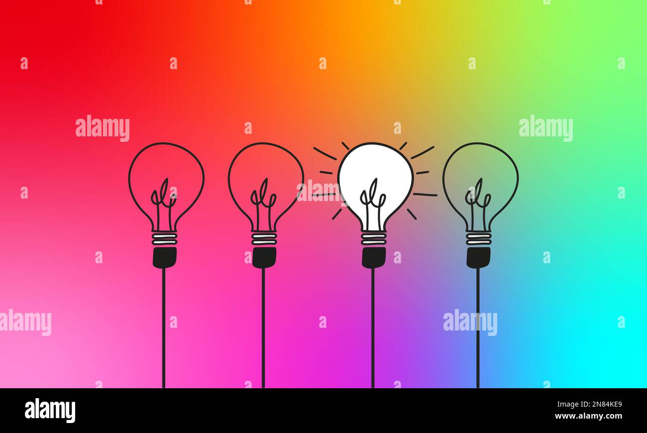 Set di lampadine con un bagliore su sfondo colorato. Moderne icone vettoriali di lampadine. Concetto di uguaglianza nelle imprese e nelle imprese. Vettore illus Illustrazione Vettoriale