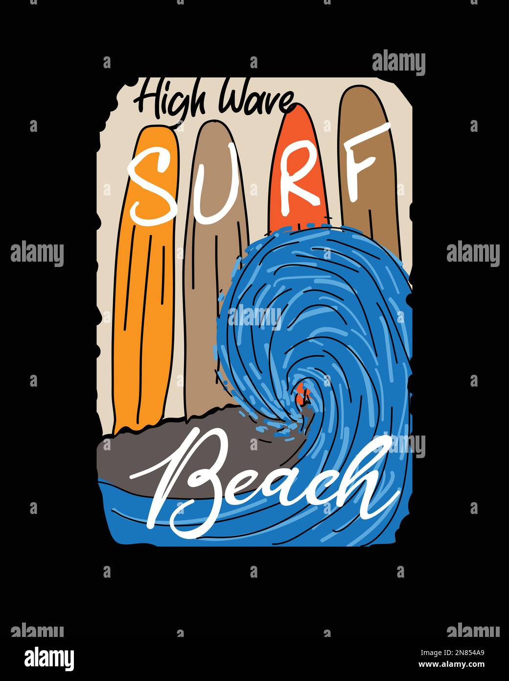 Surf Beach Wave tipografia surf board Ocean Wave Illustrazione Art Drawing Poster Graphic design per t shirt vettore di stampa Illustrazione Vettoriale