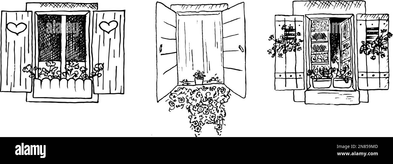 Illustrazione decorativa del disegno window.hand. Finestra vintage Set di disegni vettoriali disegnati a mano Illustrazione Vettoriale