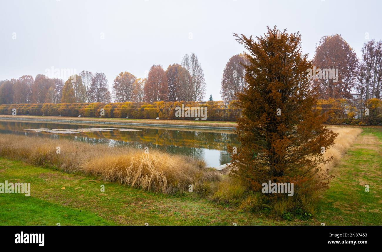 Vista panoramica sui giardini di Venaria reale in autunno - Torino, Piemonte nel nord Italia - Europa Foto Stock