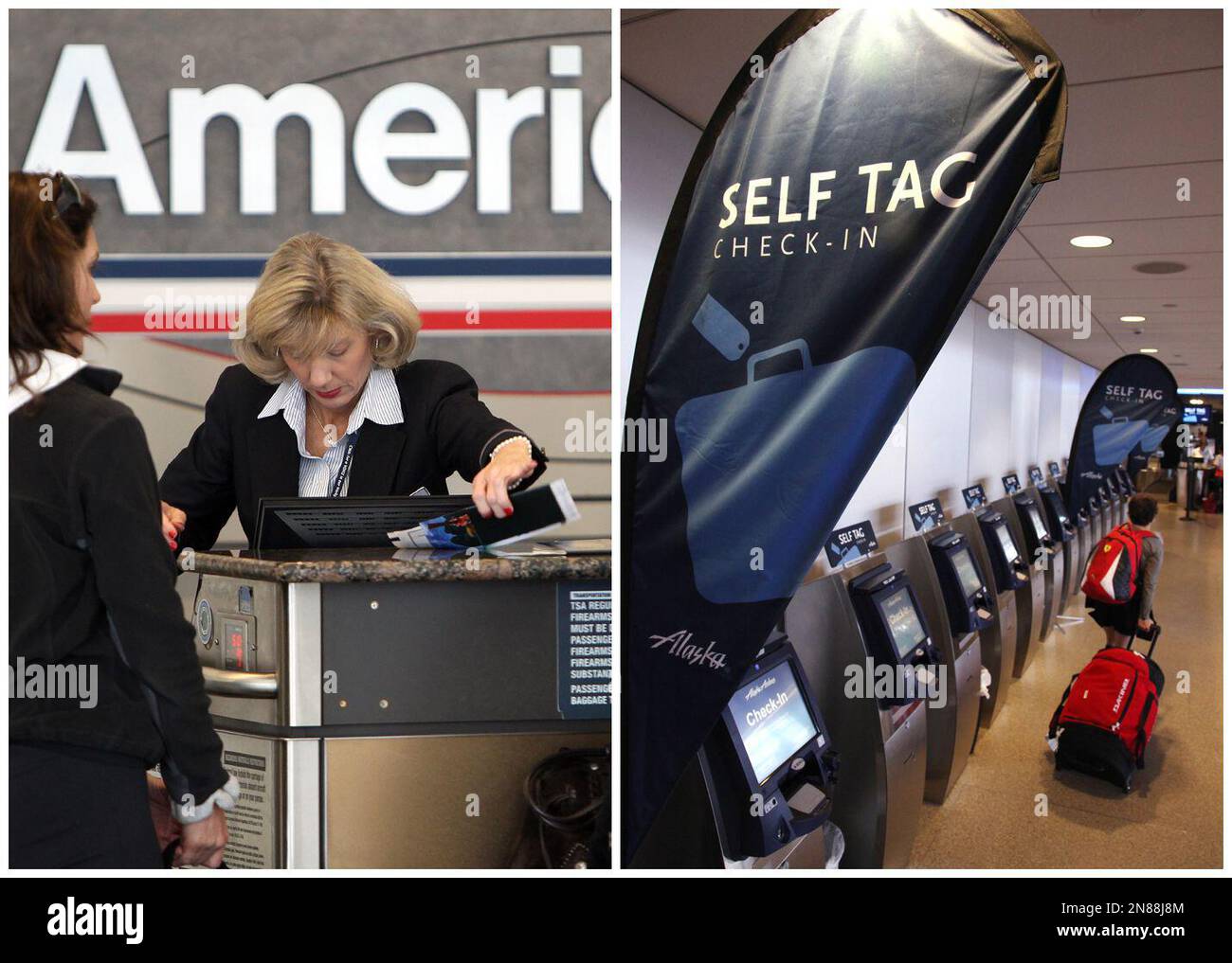 This combination of Associated Press file photos shows, left, passengers checking-in at an American Airlines ticketing counter in 2011, in Dallas, and right, a row of self-check-in kiosks in 2012, in Seattle. Many middle-class workers have lost jobs because powerful software and computerized machines are doing tasks that only humans could do before. (AP Photo) Foto Stock