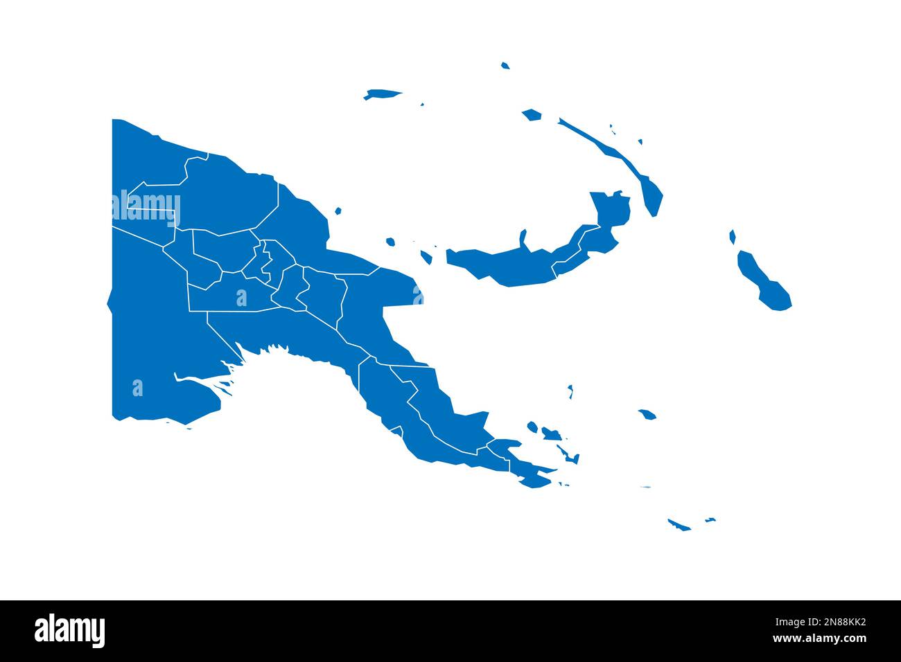 Papua Nuova Guinea carta politica delle divisioni amministrative - province, regione autonoma e Distretto della capitale Nazionale. Mappa vettoriale vuota in blu pieno con bordi bianchi. Illustrazione Vettoriale