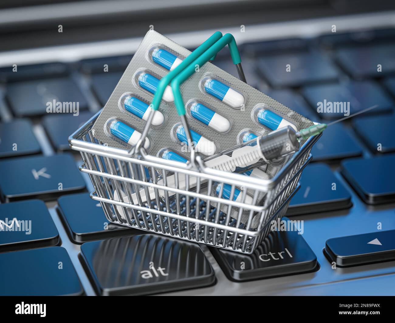 Carrello con pillole e sciroppi sulla tastiera del computer portatile. Acquistare Pharma e medicine online. illustrazione 3d Foto Stock