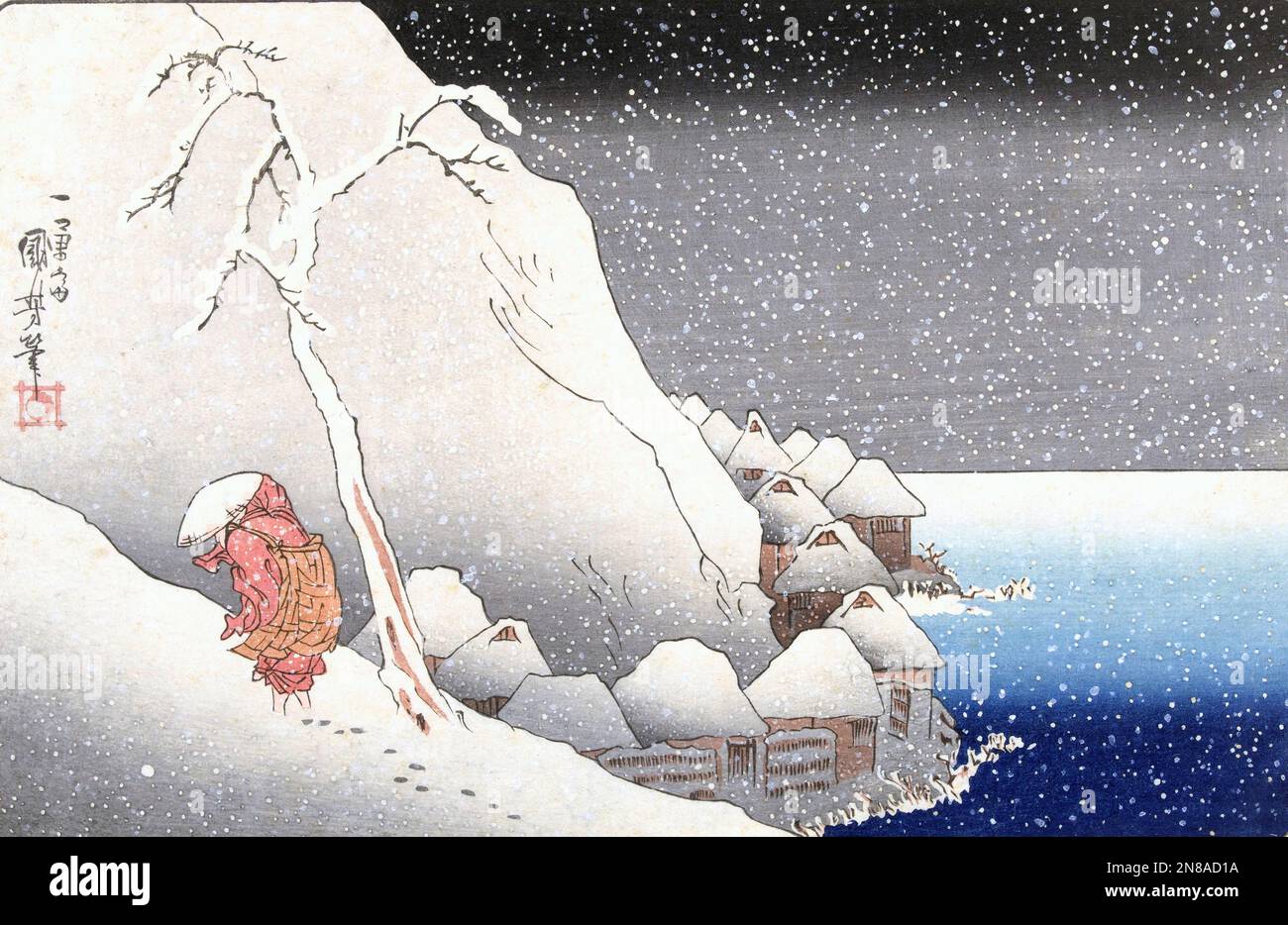 Utagawa Kuniyoshi. Dipinto dal titolo 'nella neve a Tsukahara sull'isola di Sado' di Utagawa Kuniyoshi (1798-1861), stampa a colori in legno, c. 1833-37 Foto Stock