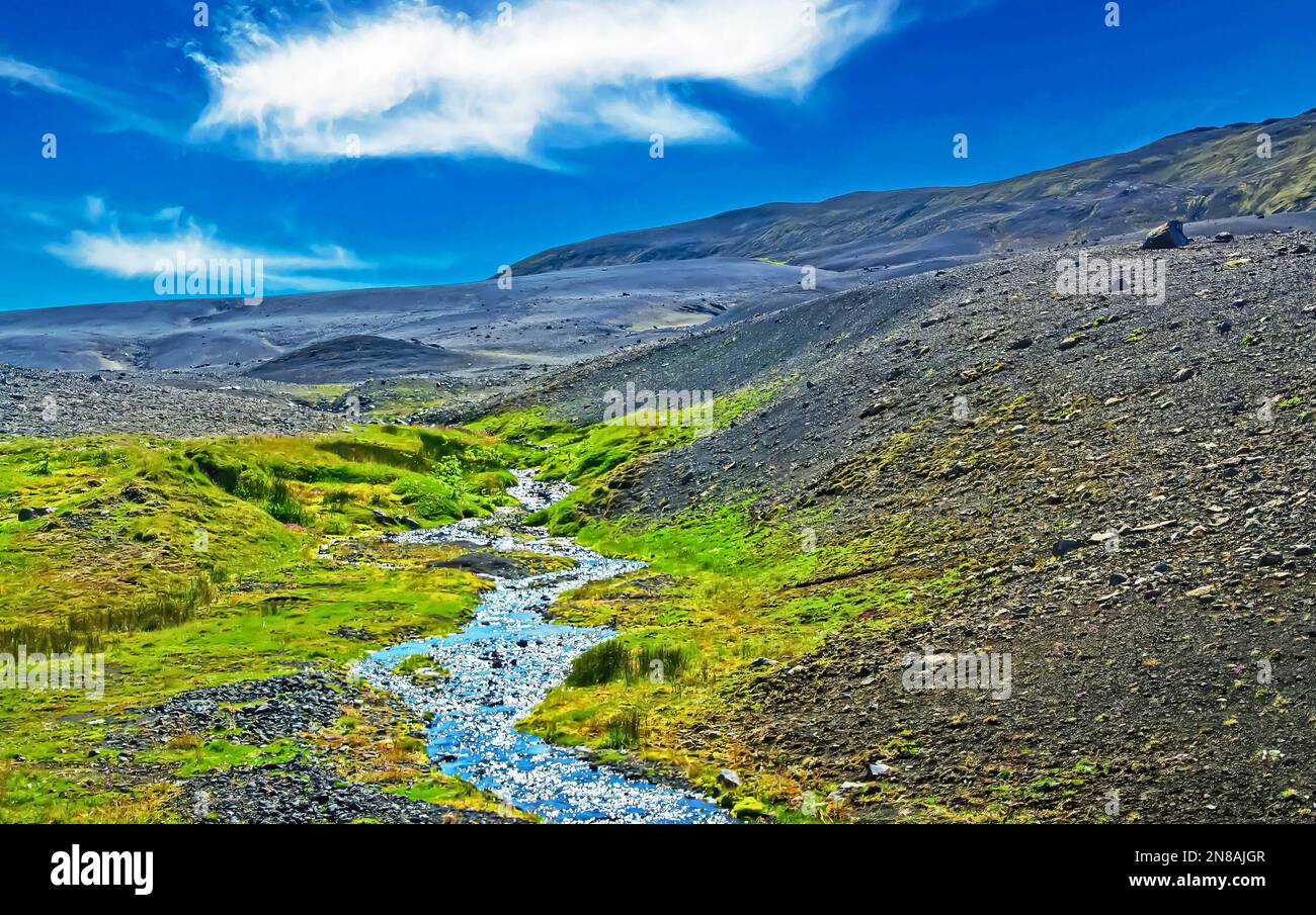Patch di verde ruscello acqua prato nel mezzo di arido vulcano nero lava paesaggio - Islanda, Highlands Foto Stock