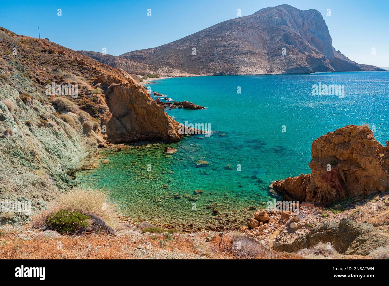 Vista panoramica dalla piccola chiesa di Agioi Anargyroi, Anafi Foto Stock