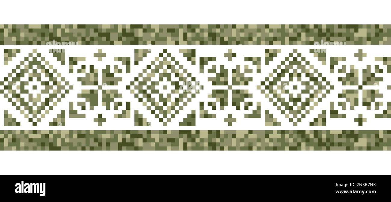 Disegno militare modello geometrico. Arredamento etnico popolare ucraino. Arredamento stile urbano pixel art vettoriale. Stampa militare di moda nei colori verdi Illustrazione Vettoriale