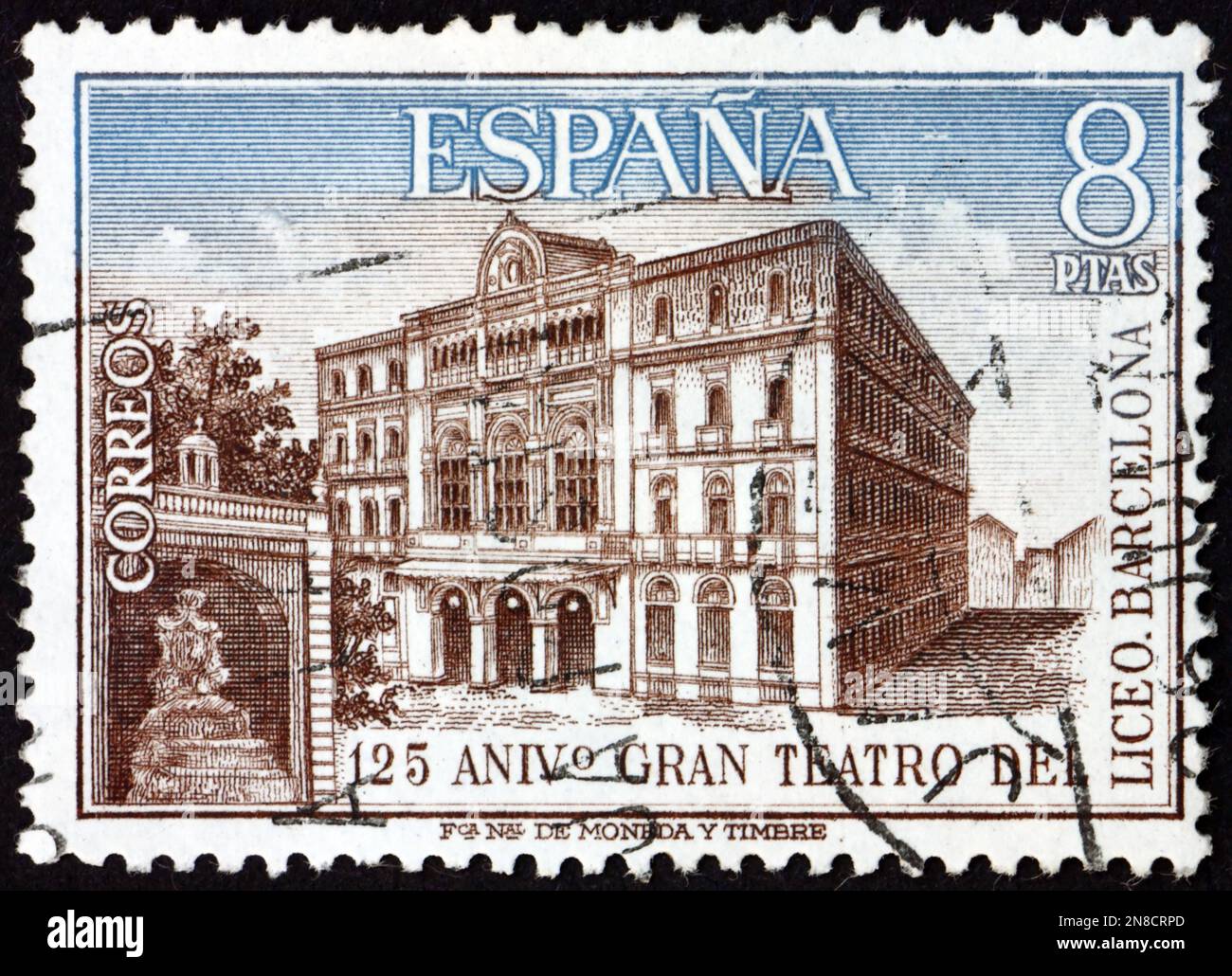 SPAGNA - CIRCA 1972: Un francobollo stampato in Spagna mostra il Teatro del Liceo di Barcellona, 126th° anniversario del Gran Teatro del Liceo di Barcellona, circa 197 Foto Stock