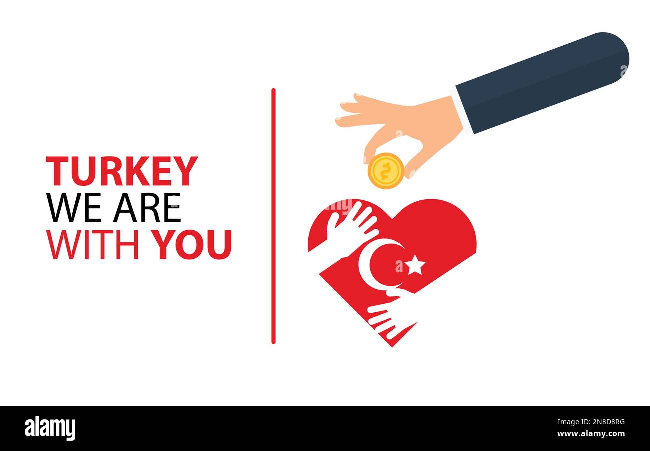Finanziamento della turchia in occasione del terremoto. supporto. guida. aiuti. disastro. persone. denaro. aiuto finanziario alla turchia. vettore. immagine modificabile in stock Illustrazione Vettoriale