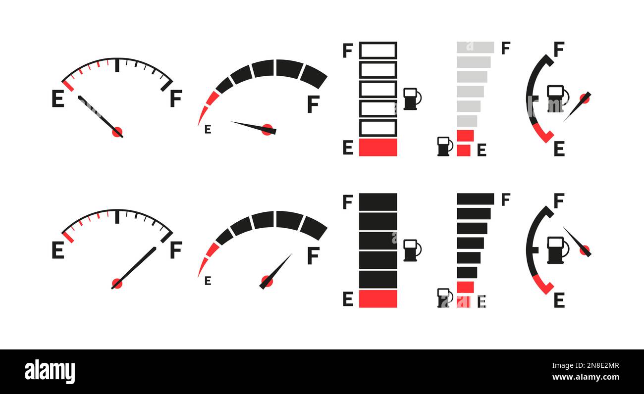 Indicatore del serbatoio del carburante per auto con gas. Indicatore di livello del carburante. Quadrante di misurazione, livello, potenza di controllo. Illustrazione Vettoriale