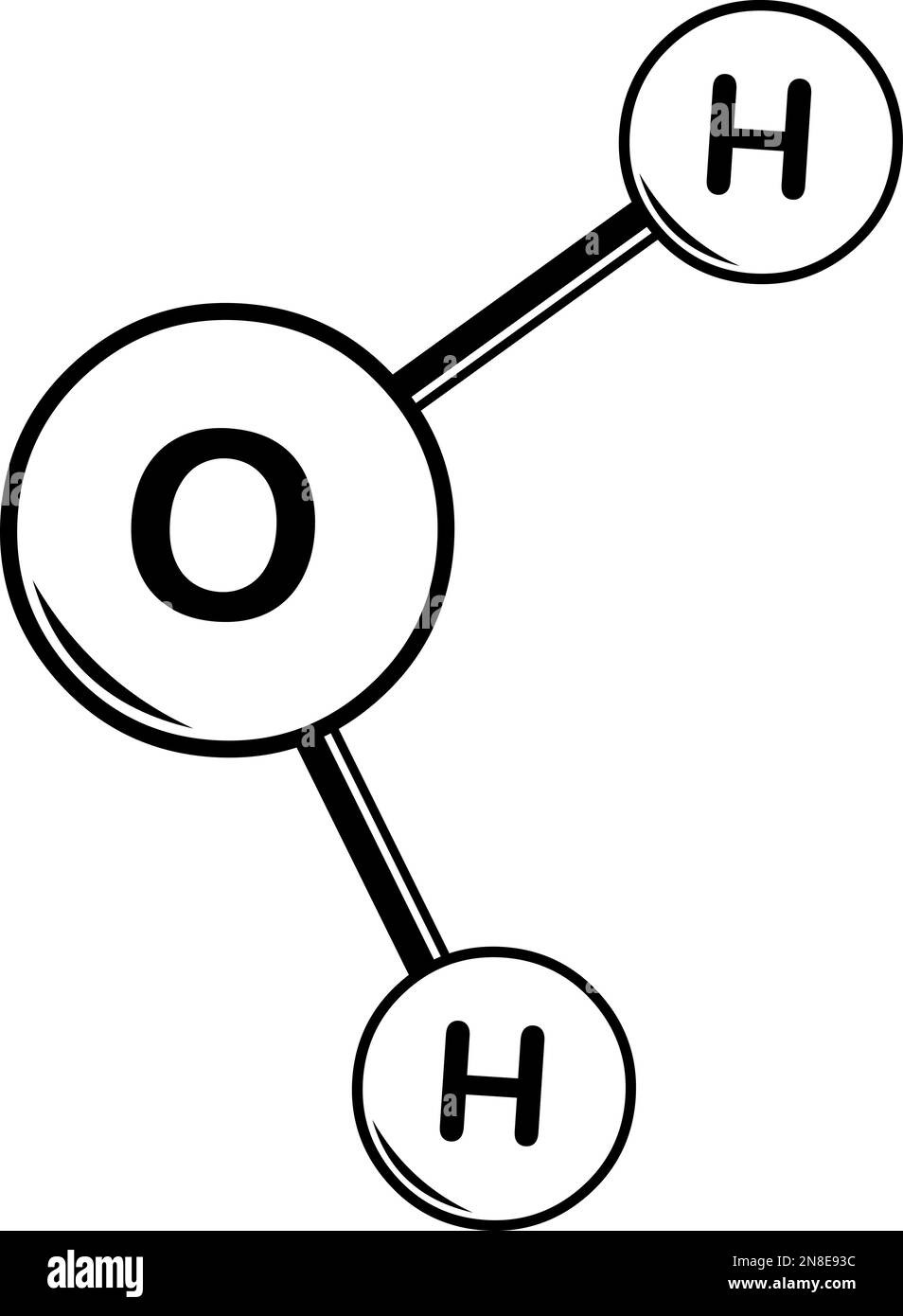 illustrazione vettoriale di una molecola di acqua, composta da due idrogeno e un ossigeno. Disegnato in bianco e nero Illustrazione Vettoriale
