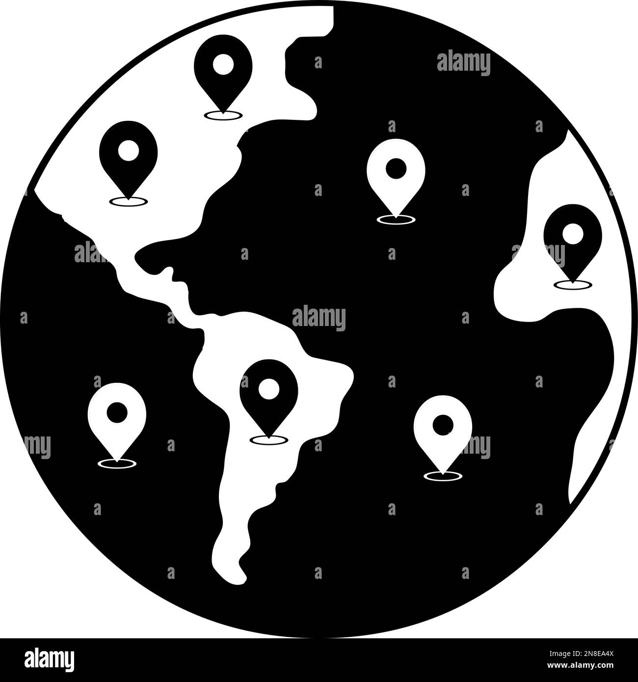 Illustrazione vettoriale del pianeta terra con simboli GPS (Global Positioning System), progettato in bianco e nero Illustrazione Vettoriale
