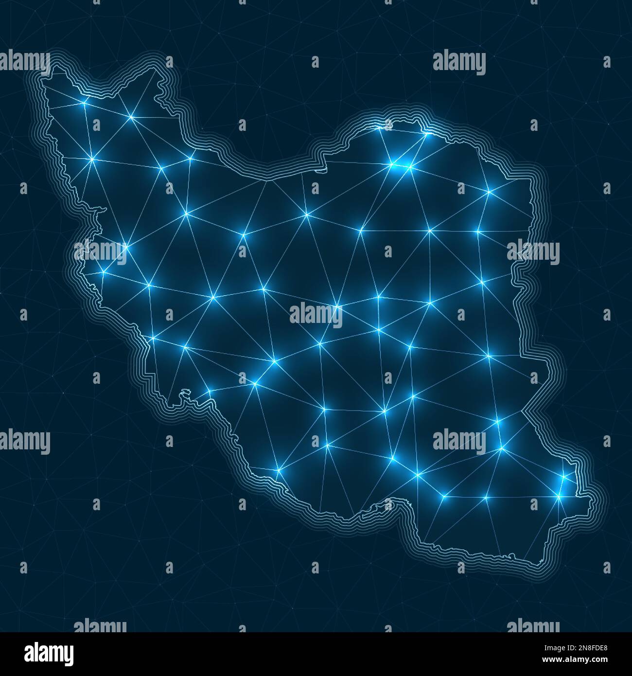 Mappa della rete iraniana. Mappa geometrica astratta del paese. Progettazione di connessioni digitali e telecomunicazioni. Rete Internet luminosa. Illustrazione Vettoriale