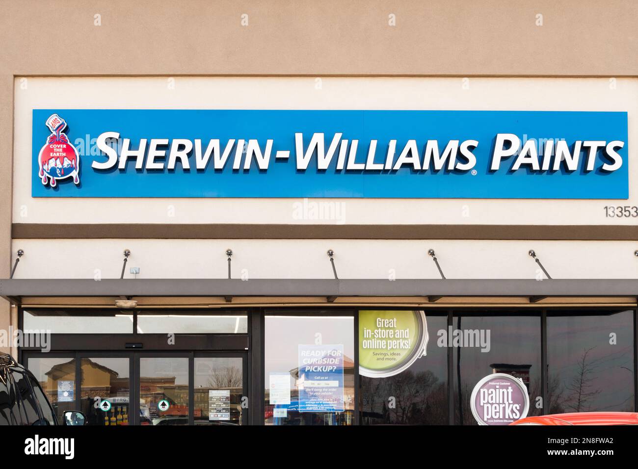 Logo o segno di Sherwin-Williams Exterior segno & logo. Wichita, Kansas, Stati Uniti. Foto Stock