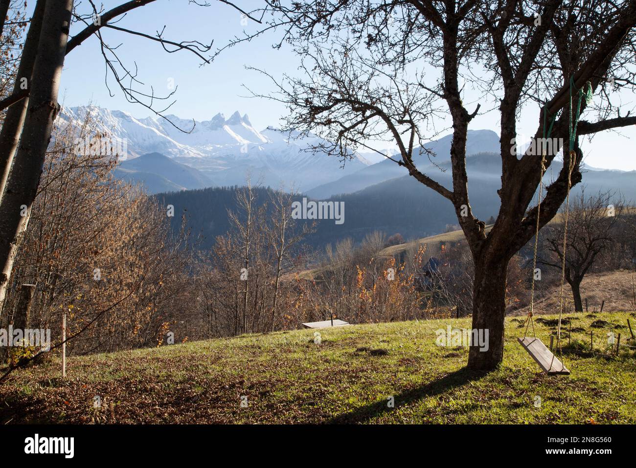 Aiguilles d'Arves, vista da Jarrier, Maurienne, Savoia, Francia, Europa Foto Stock