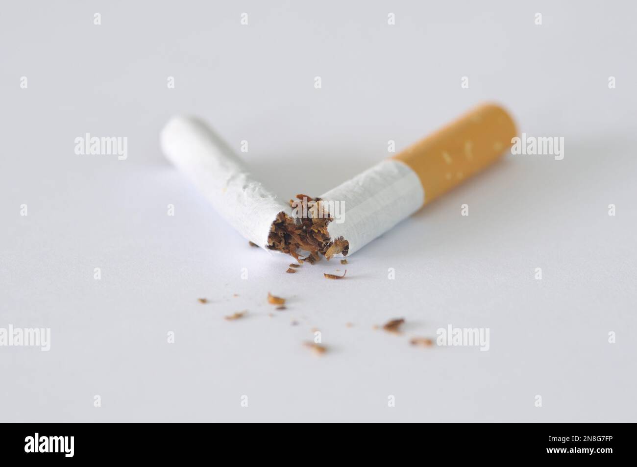 Primo piano di una sigaretta spezzata a metà su sfondo bianco. Concetti: Smettere di fumare, smettere di fumare, smettere di fumare, dipendenza da fumo, cattive abitudini Foto Stock