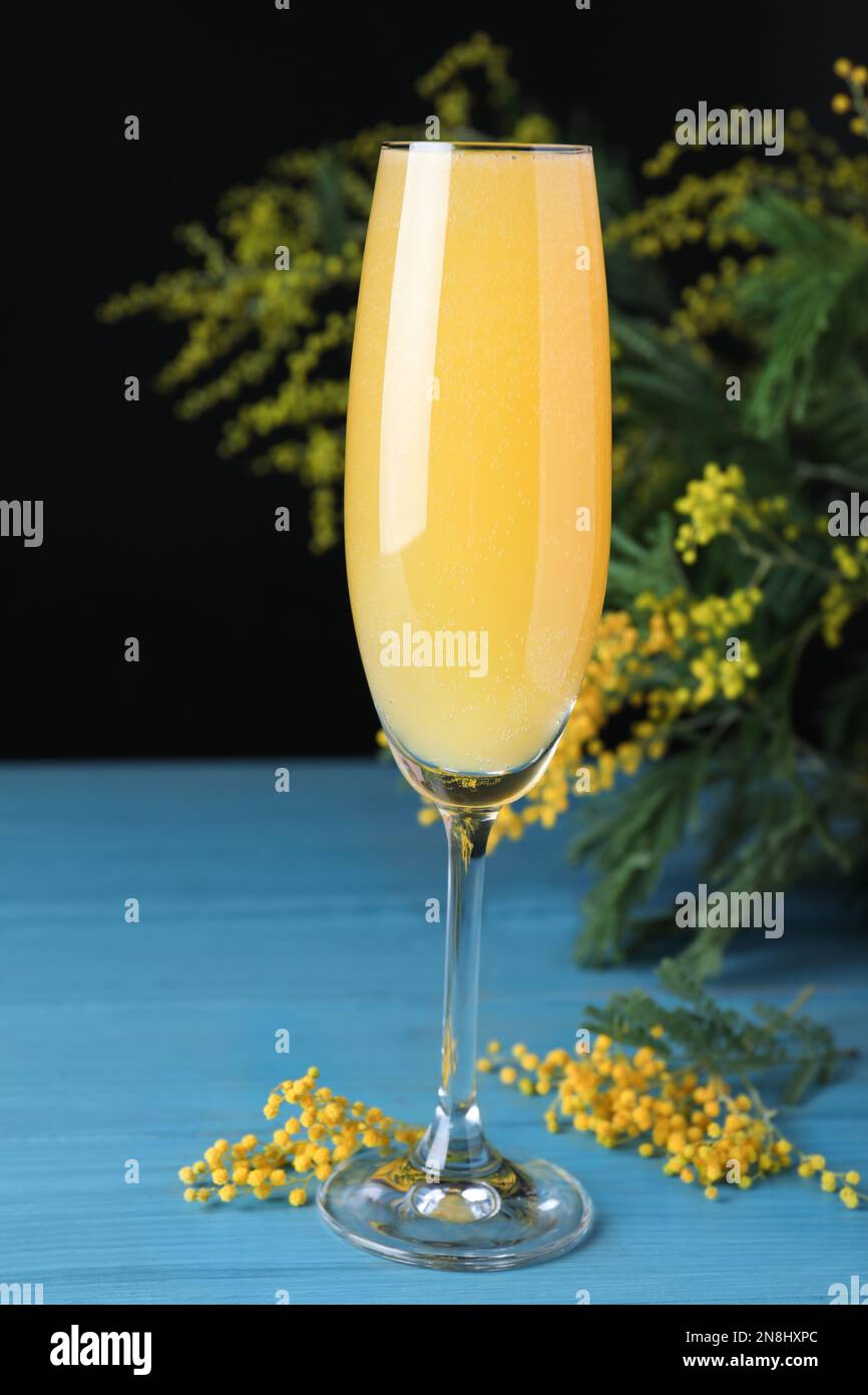 Bicchiere di cocktail Mimosa con rami fioriti su tavolo di legno azzurro Foto Stock