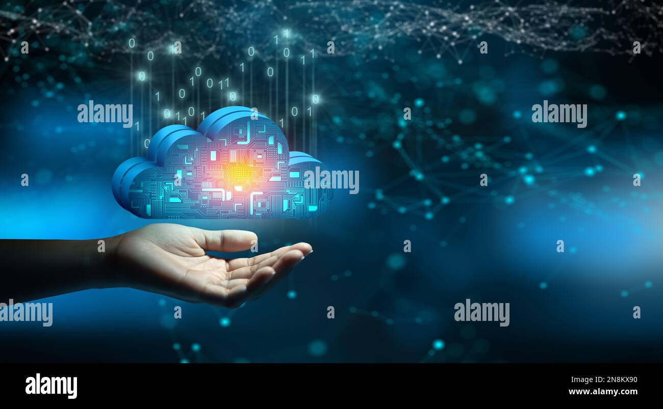 Un uomo d'affari che tiene in mano la rete di storage Internet della tecnologia di cloud computing. Concetto di servizio cloud, tecnologia cloud e storage cloud. Foto Stock