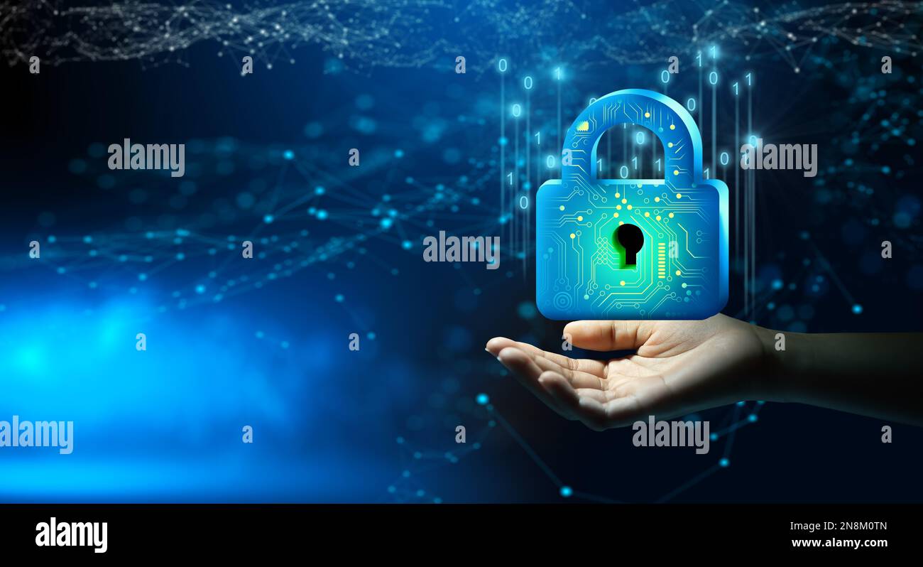 Lucchetto con chiave per uomo d'affari. Privacy dei dati informatici e delle informazioni. Sicurezza tecnologica futura, protezione della rete e sicurezza moderna. Foto Stock