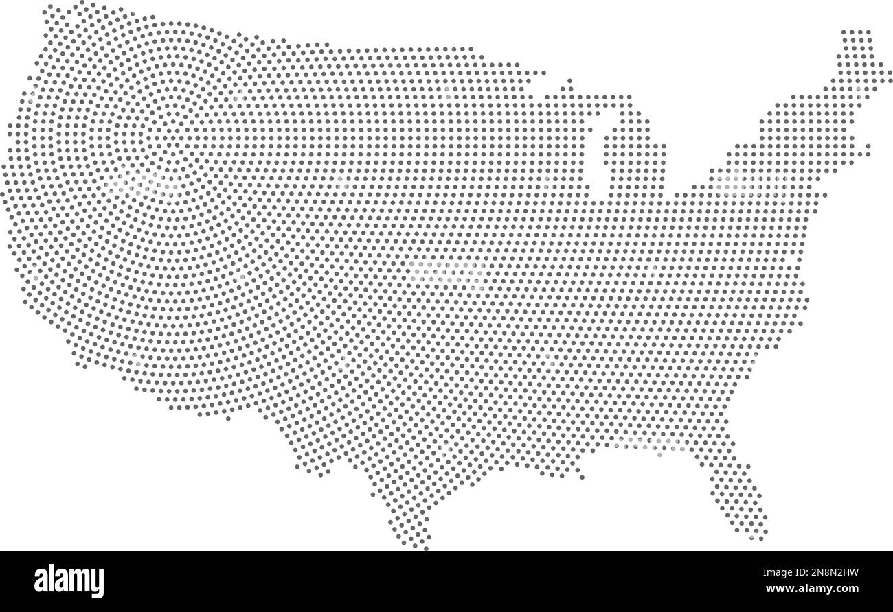 Mappa degli Stati Uniti d'America in stile halftone. Punti mezzitoni neri in composizione radiale con centro a nord-est su sfondo bianco Illustrazione Vettoriale