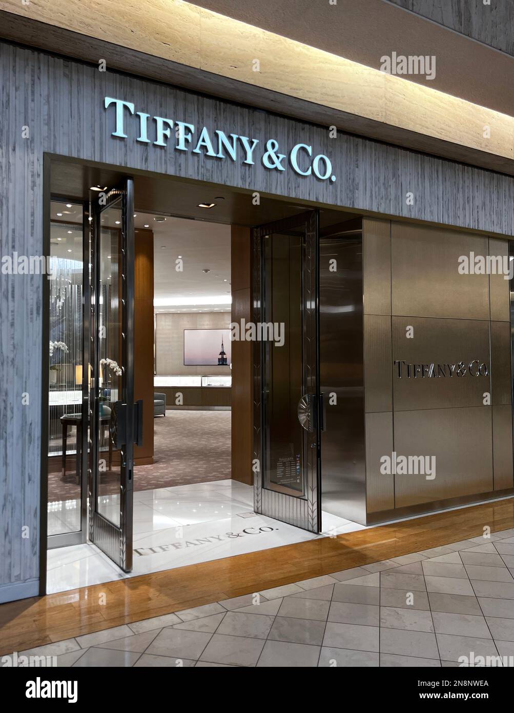 Ingresso al negozio Tiffany & Co al centro commerciale Northbrook Court nella periferia di Chicago, Illinois Foto Stock