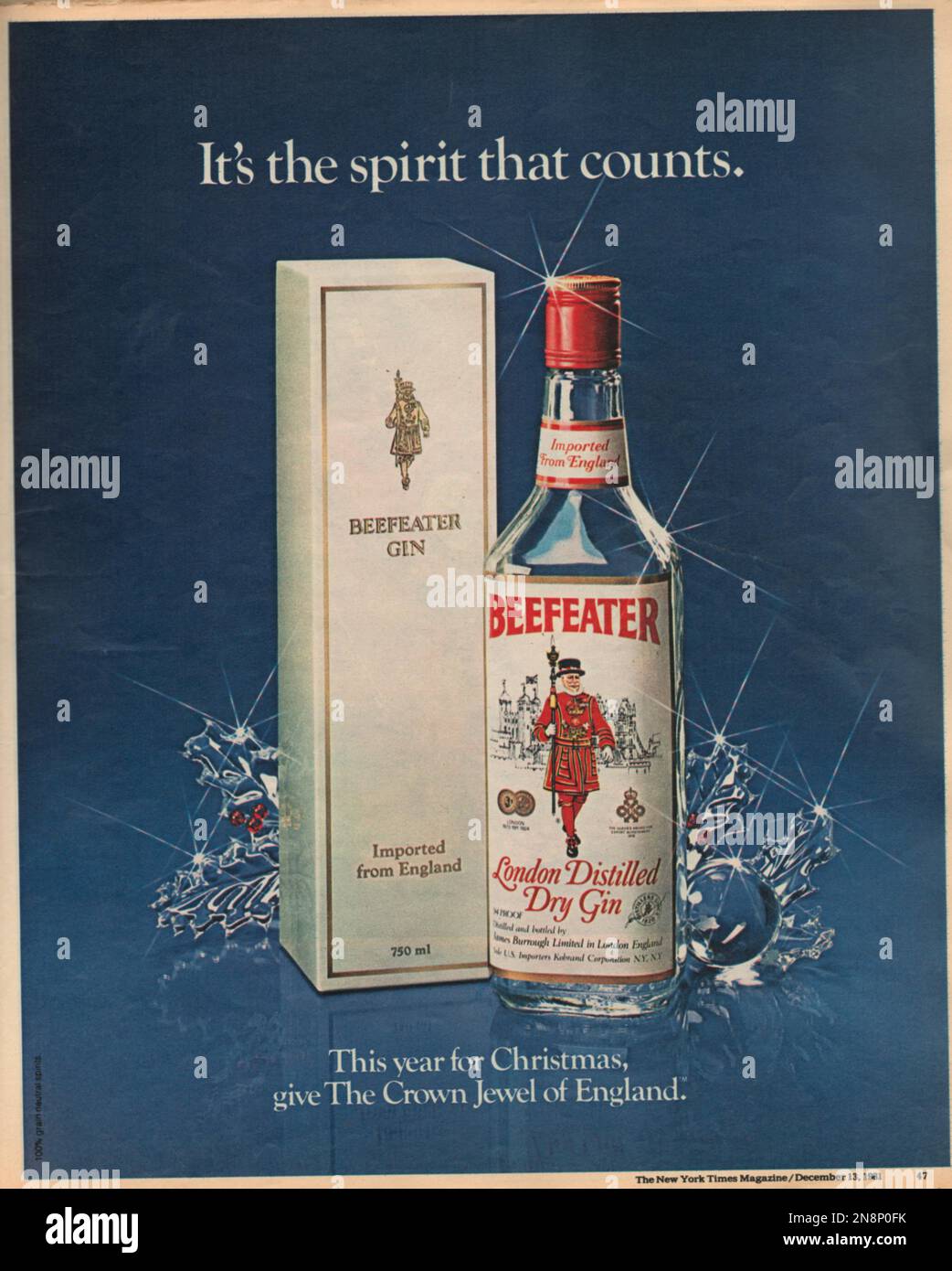 Beefeater London Distilled Dry gin magazine advertisement 1981, paper advertt the New York Times magazine Foto Stock