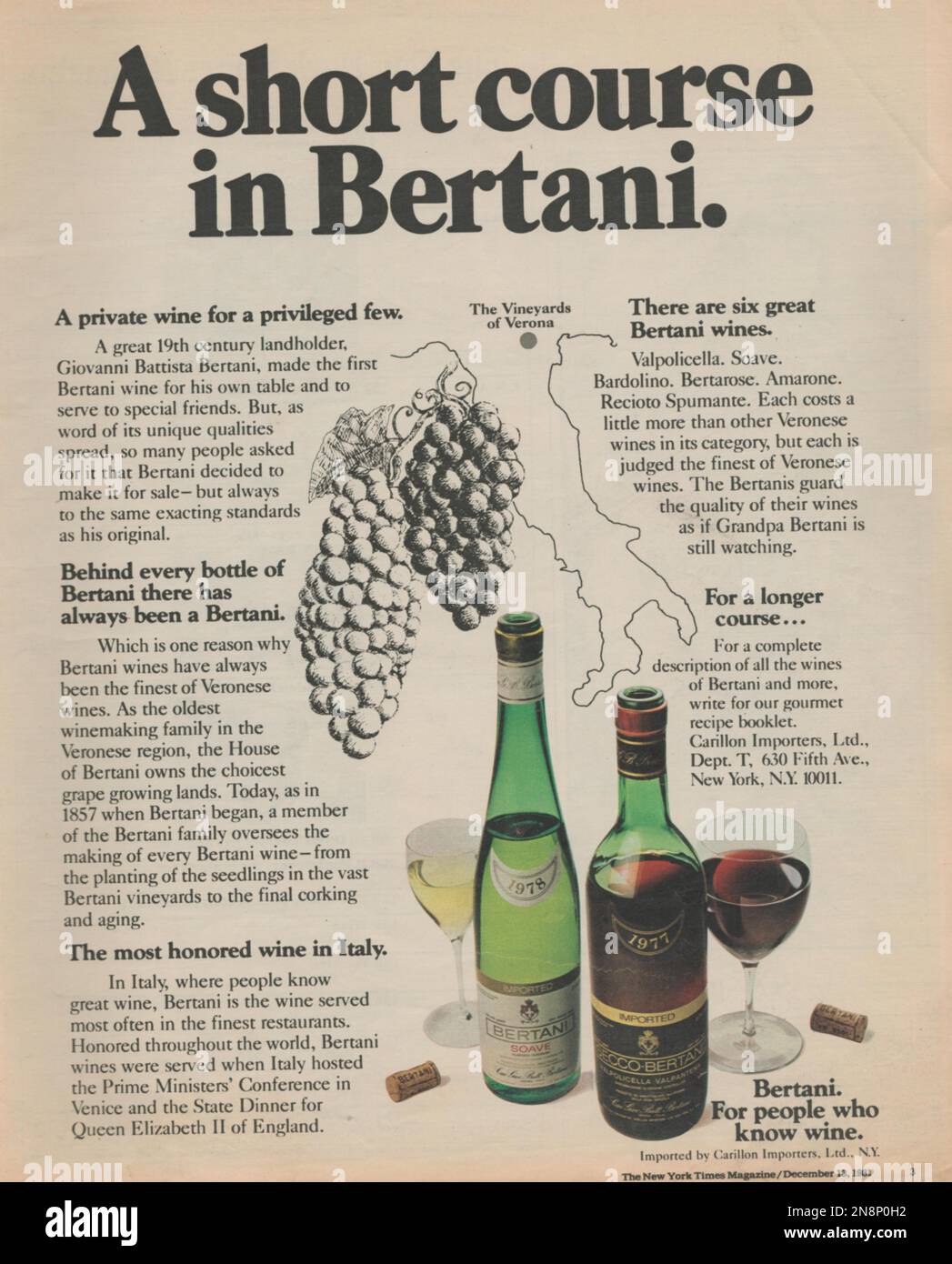 Bertani Wine Bertani Italian Wine magazine advertisement 1981, paper advertt the New York Times magazine Foto Stock