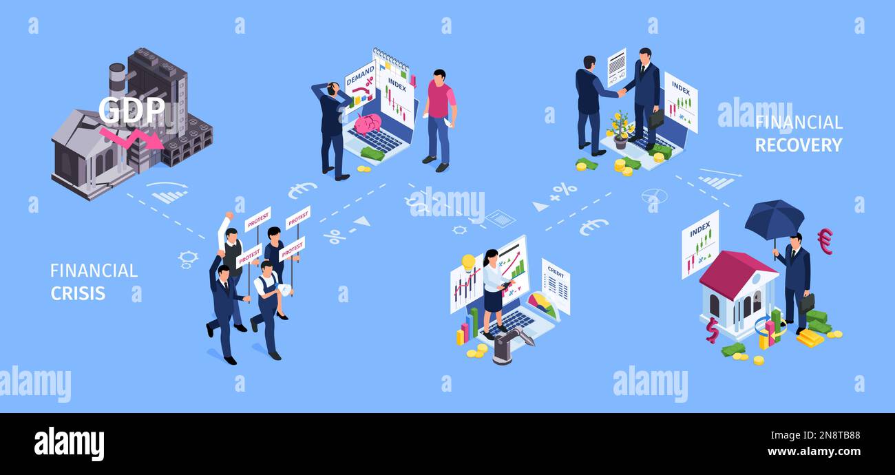 Composizione isometrica della crisi aziendale con diagramma di flusso delle icone di ripresa finanziaria con simboli valutari e caratteri umani illustrazione vettoriale Illustrazione Vettoriale