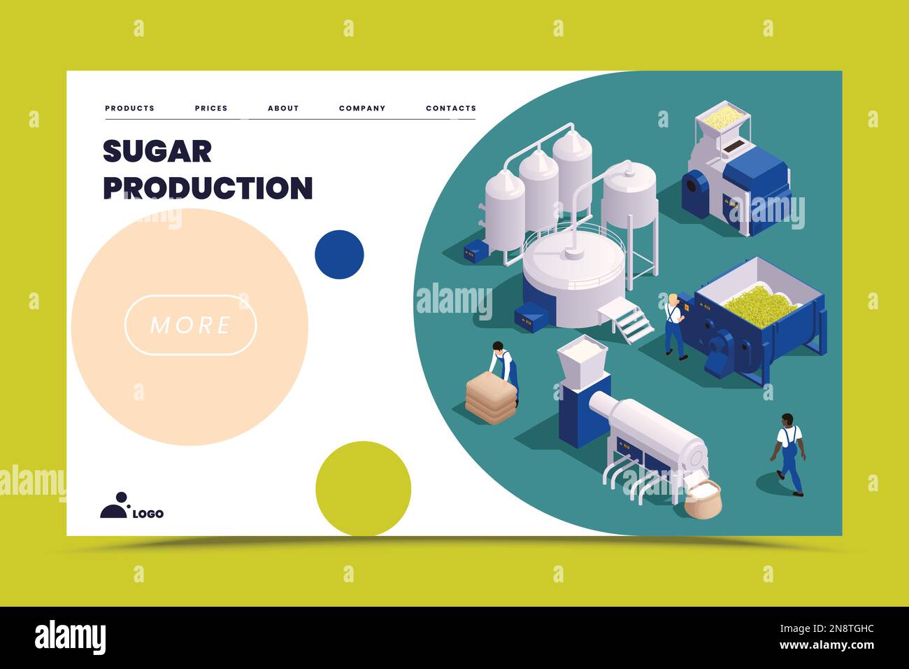 Pagina di destinazione isometrica per la produzione di zucchero con informazioni sulle attrezzature per l'illustrazione vettoriale del processo tecnologico Illustrazione Vettoriale