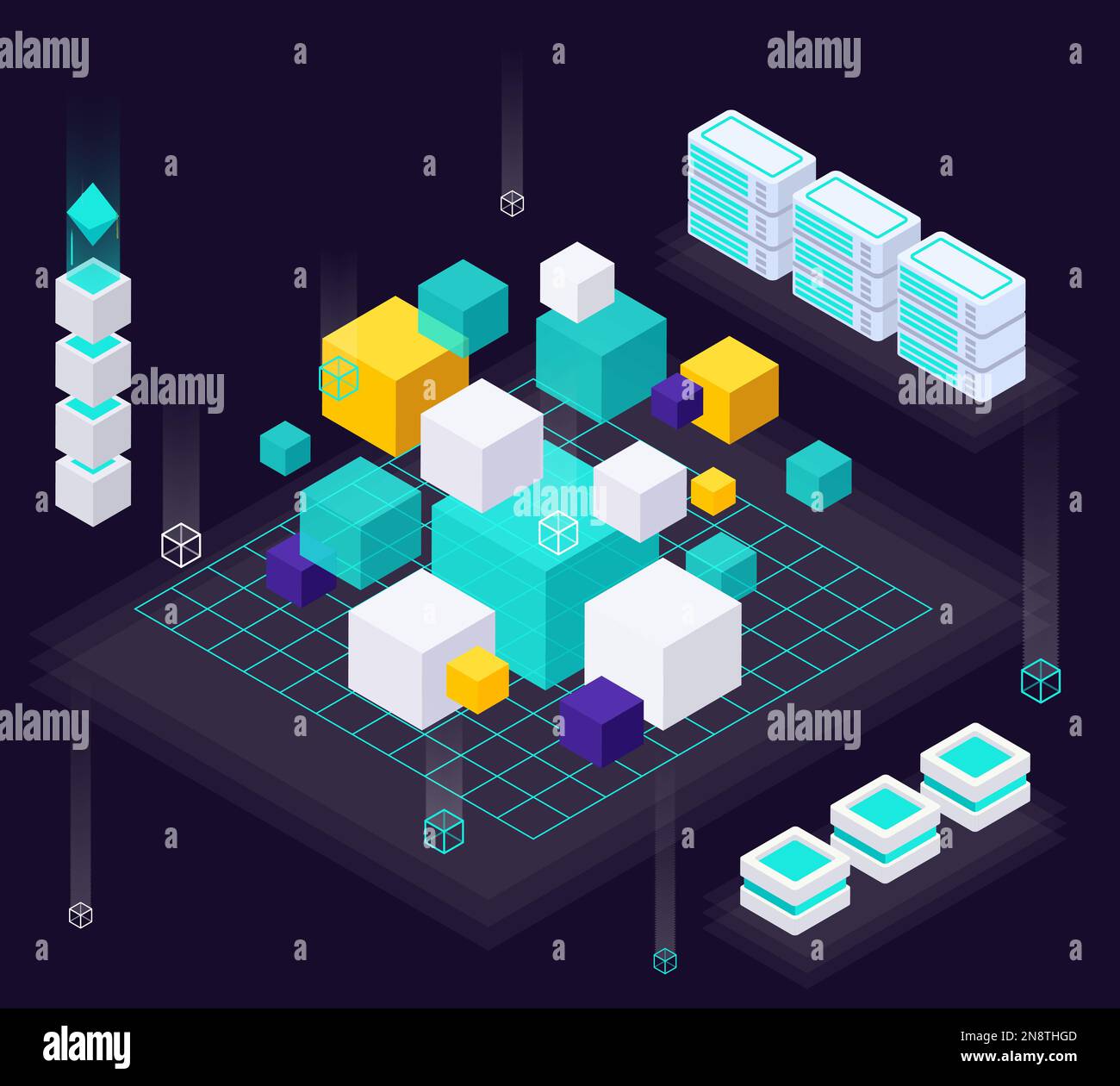 Composizione isometrica per l'economia dei dati con numerosi cubi colorati di diverse dimensioni con rack server che delineano l'illustrazione vettoriale Illustrazione Vettoriale