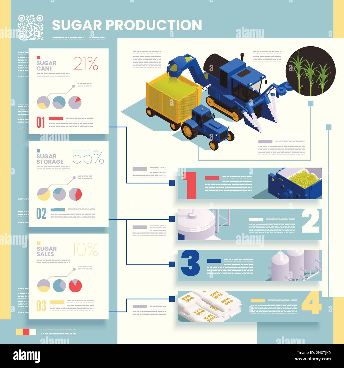 Produzione di zucchero infografica informazioni sulla raccolta di canna da zucchero trasformazione stoccaggio e vendita isometrica vettore illustrazione Illustrazione Vettoriale