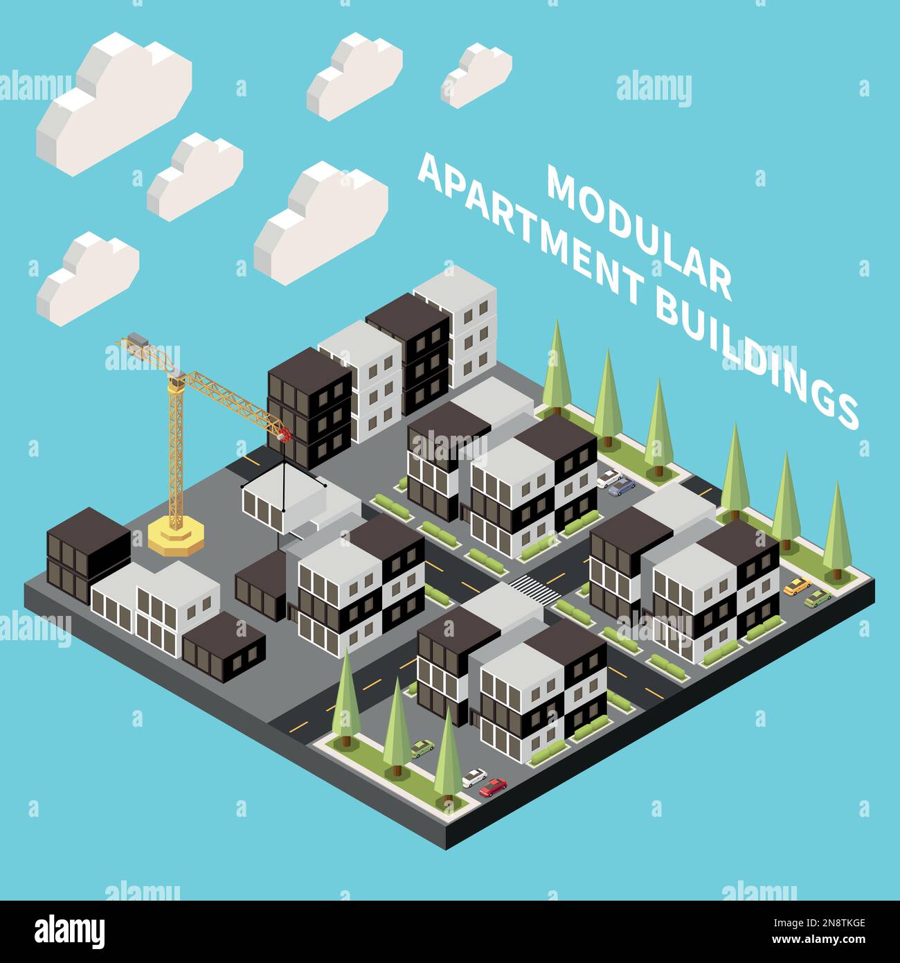 Concetto di edifici modulari con cantiere con illustrazione vettoriale di casa di blocco Illustrazione Vettoriale