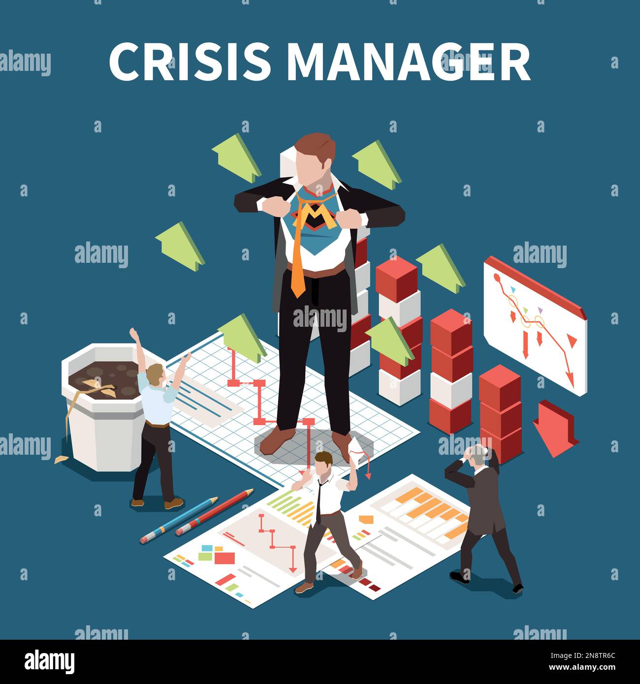 Concetto isometrico del gestore di crisi con illustrazione vettoriale dei simboli di perdita di denaro e professionale di affari Illustrazione Vettoriale