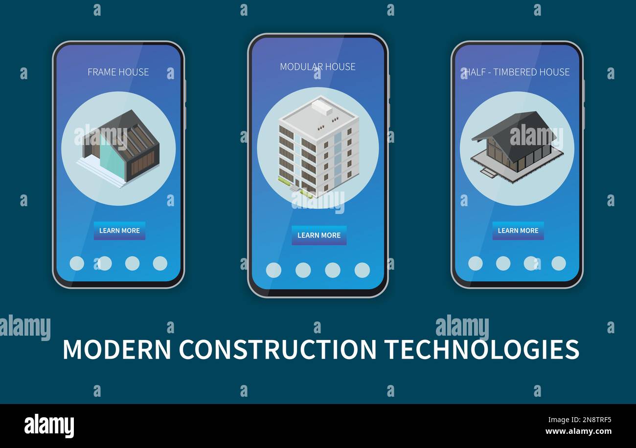 Set modulare per la costruzione di cornici con modelli di app mobili per il settore immobiliare, illustrazione vettoriale isolata Illustrazione Vettoriale