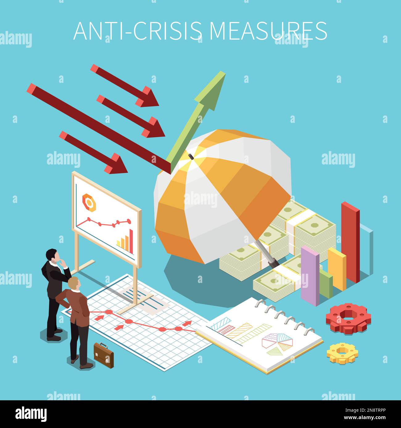 Misure anti-crisi concetto isometrico con la gestione aziendale e la protezione finanziaria aziendale simboli illustrazione vettoriale Illustrazione Vettoriale