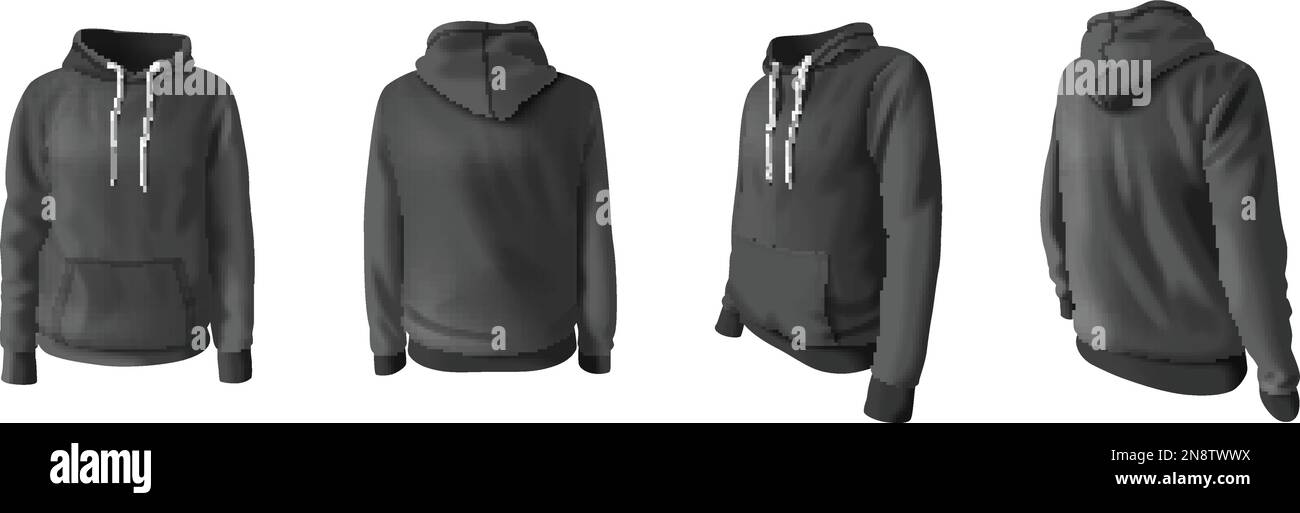 Realistiche felpe con cappuccio e felpe con cappuccio in figura vettoriale isolata di colore nero Illustrazione Vettoriale