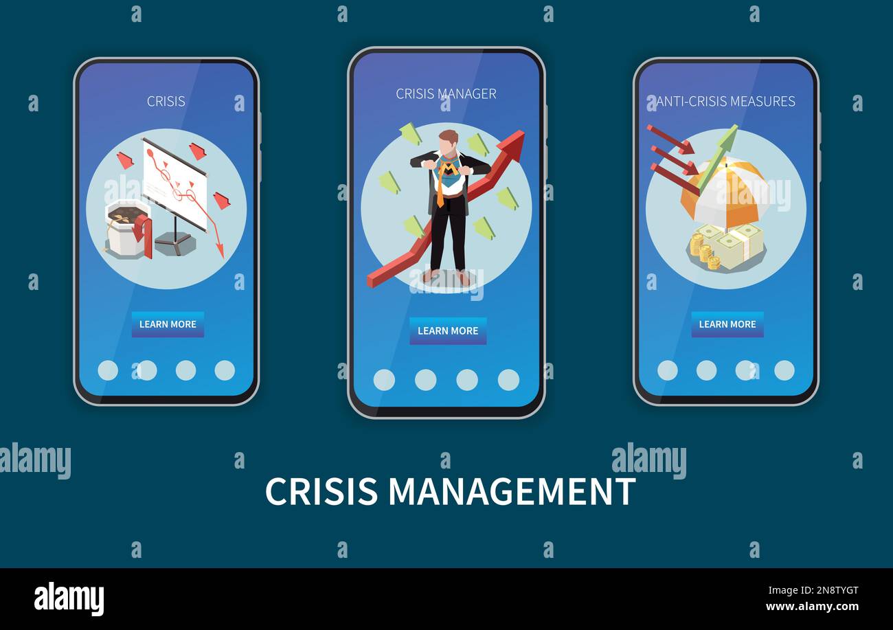 Set isometrico per la gestione delle crisi con modelli di app mobili aziendali e finanziarie, illustrazione vettoriale isolata Illustrazione Vettoriale