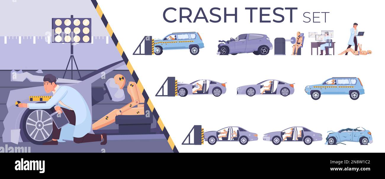 Persone che raccolgono dati durante il crash test piatto composizione set con dummies e auto distrutto isolato vettore illustrazione Illustrazione Vettoriale