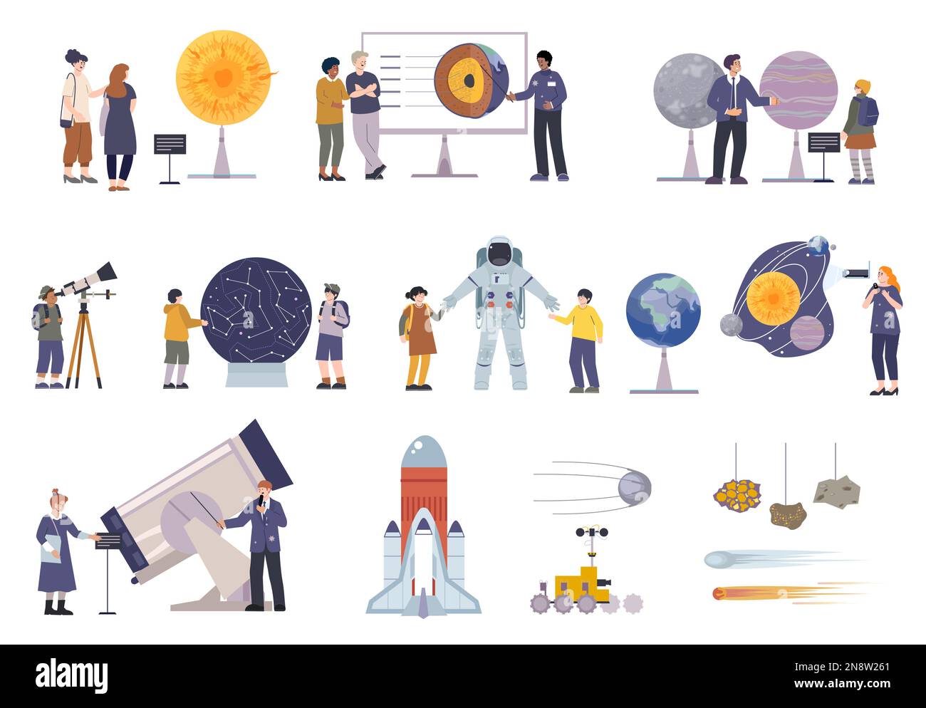 Planetarium piatto con icone isolate e composizioni di personaggi visitatori telescopi museo mostre ed escursioni vettore illustrazione Illustrazione Vettoriale