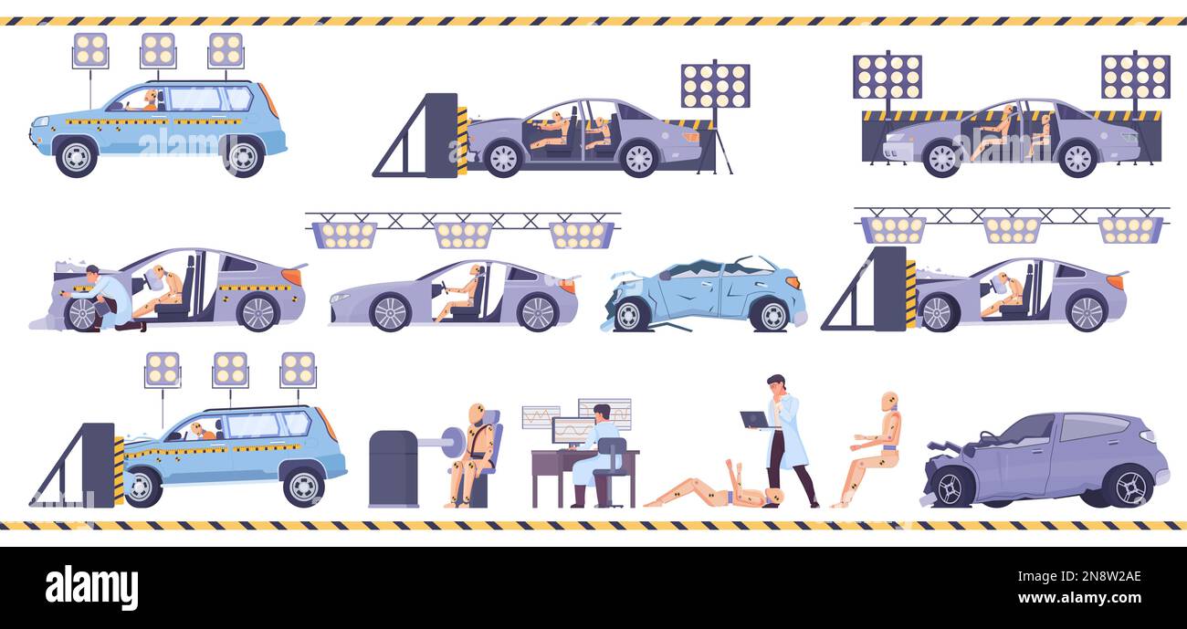 Crash test completo piatto con auto schiacciate e dummies isolato vettore illustrazione Illustrazione Vettoriale