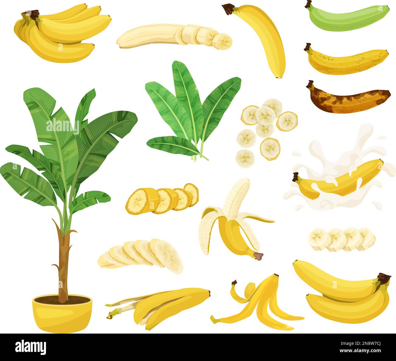 Set piatto di banane con immagini isolate di frutti di banana acerbo e acerbo con illustrazione vettoriale delle fette di pelle Illustrazione Vettoriale