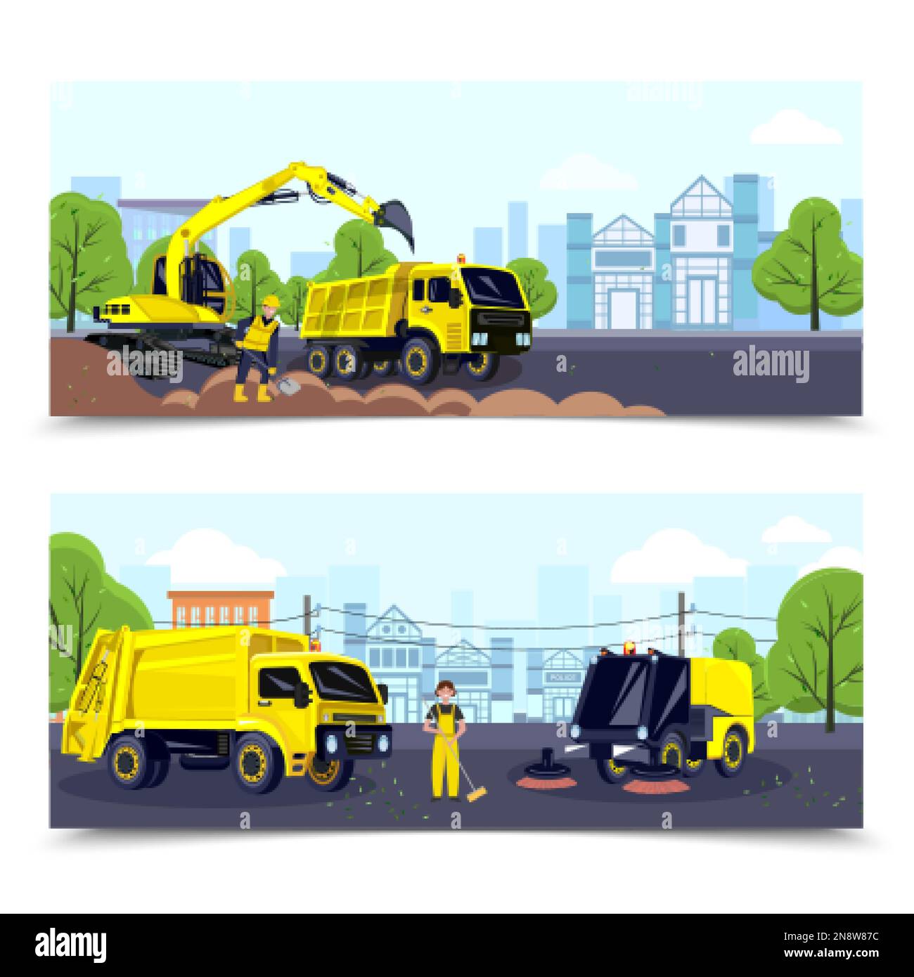 Set di striscioni orizzontali per servizi municipali con trasporto di pulizia urbana e illustrazione vettoriale isolata per i lavoratori Illustrazione Vettoriale