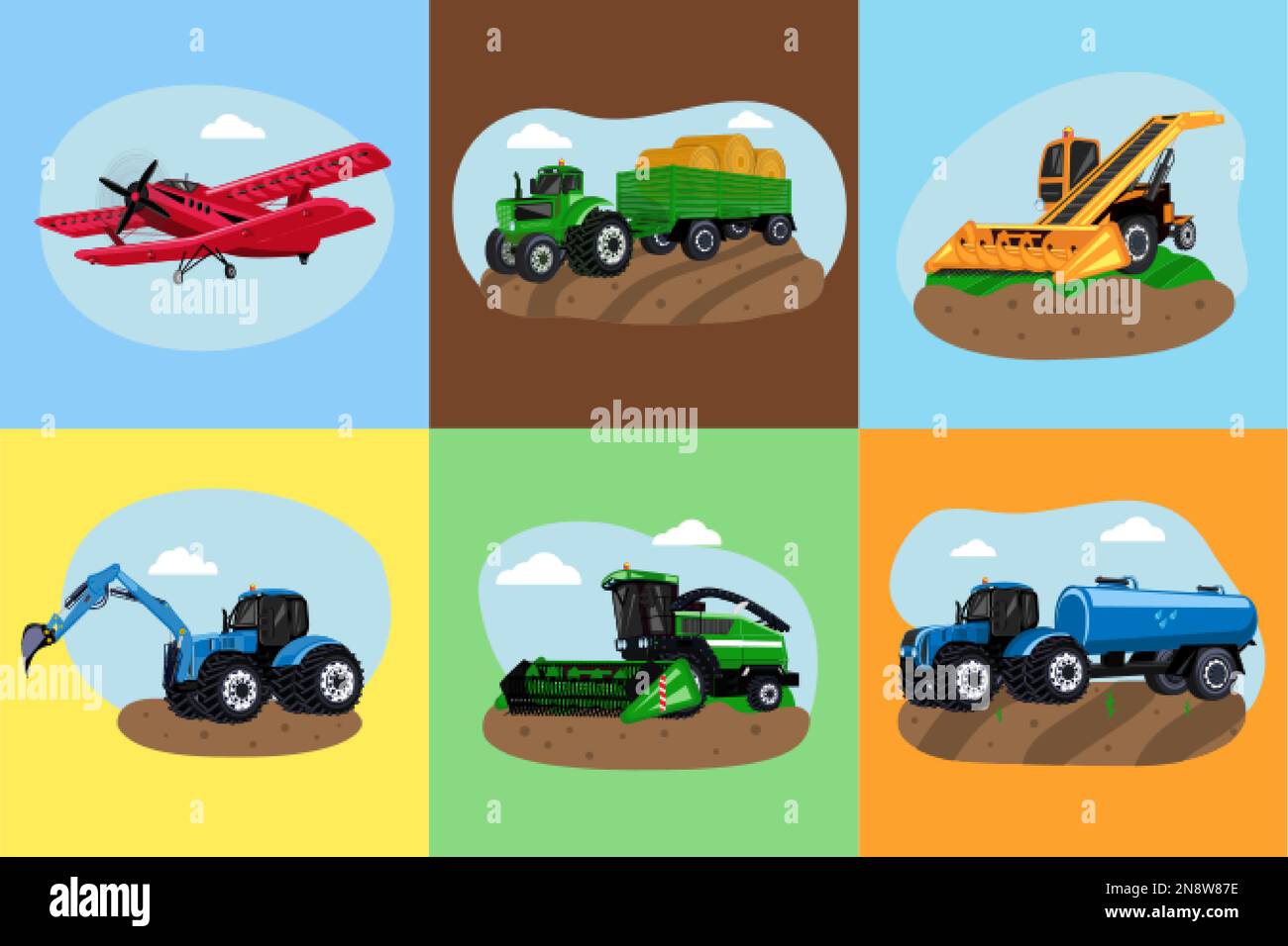 Set piatto per il trasporto agricolo con escavatore con seminatrice biplanare su sfondo a colori, illustrazione vettoriale isolata Illustrazione Vettoriale