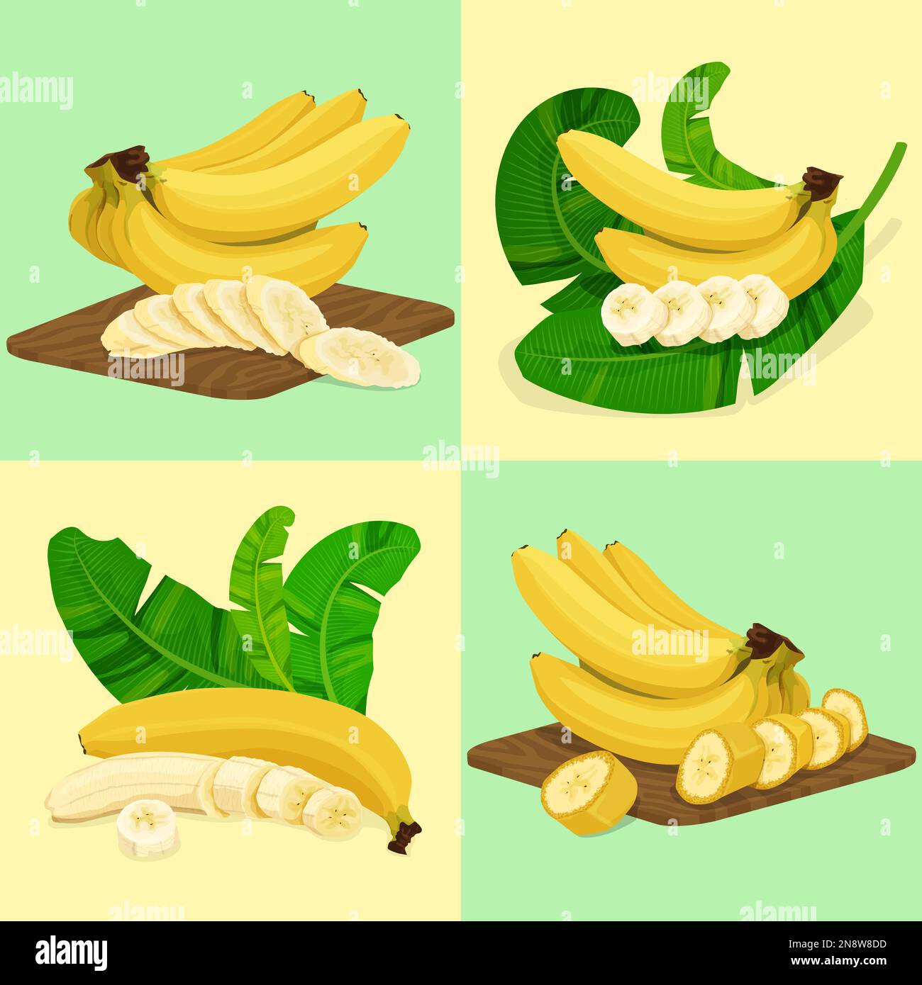 Set piatto di banane con quattro composizioni quadrate di foglie di palma e fette di banana per servire l'illustrazione vettoriale Illustrazione Vettoriale